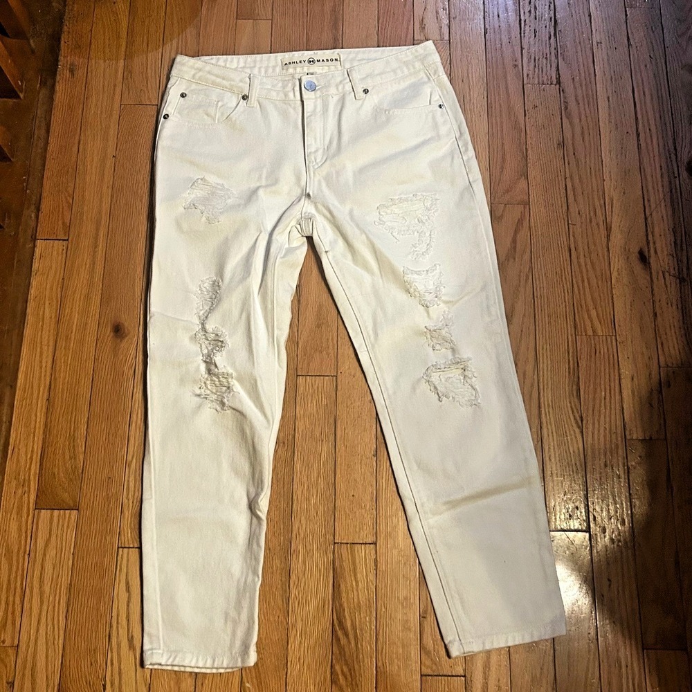 Ashley Mason White Denim Straight Leg Jeans‎ Size 29 Distressed T52-42
